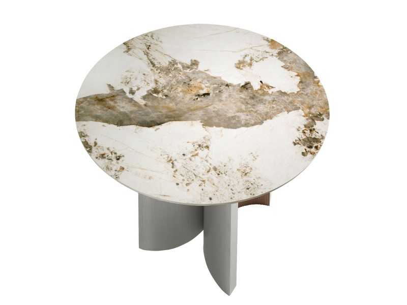 Round dining table in walnut, lacquered wood and porcelain marble top - ALBERTINE
