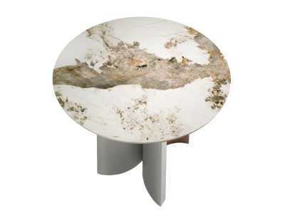 Table à manger ronde en noyer, bois laqué et plateau en marbre porcelaine - ALBERTINE Table à manger ronde en noyer, bois laqué et plateau en marbre porcelaine - ALBERTINE
