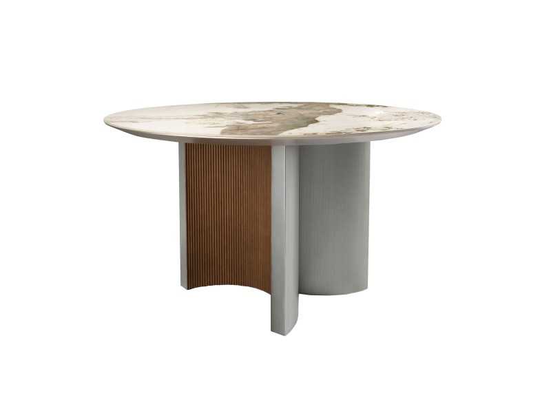 Round dining table in walnut, lacquered wood and porcelain marble top - ALBERTINE
