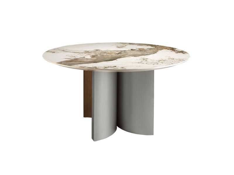 Round dining table in walnut, lacquered wood and porcelain marble top - ALBERTINE