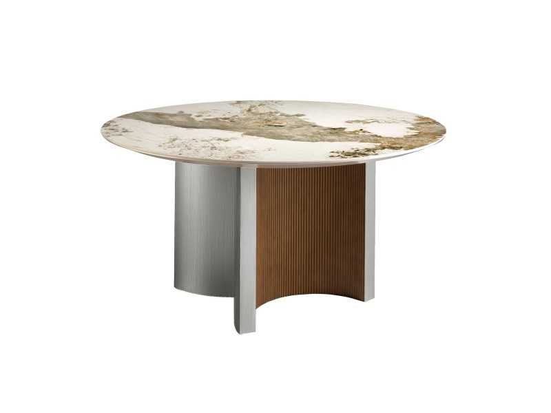 Round dining table in walnut, lacquered wood and porcelain marble top - ALBERTINE