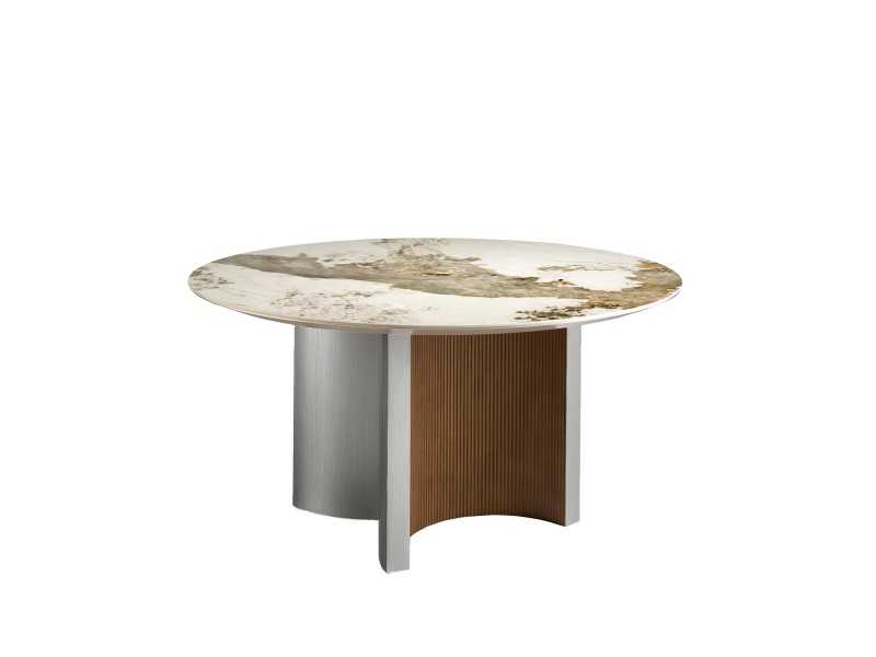 Round dining table in walnut, lacquered wood and porcelain marble top - ALBERTINE