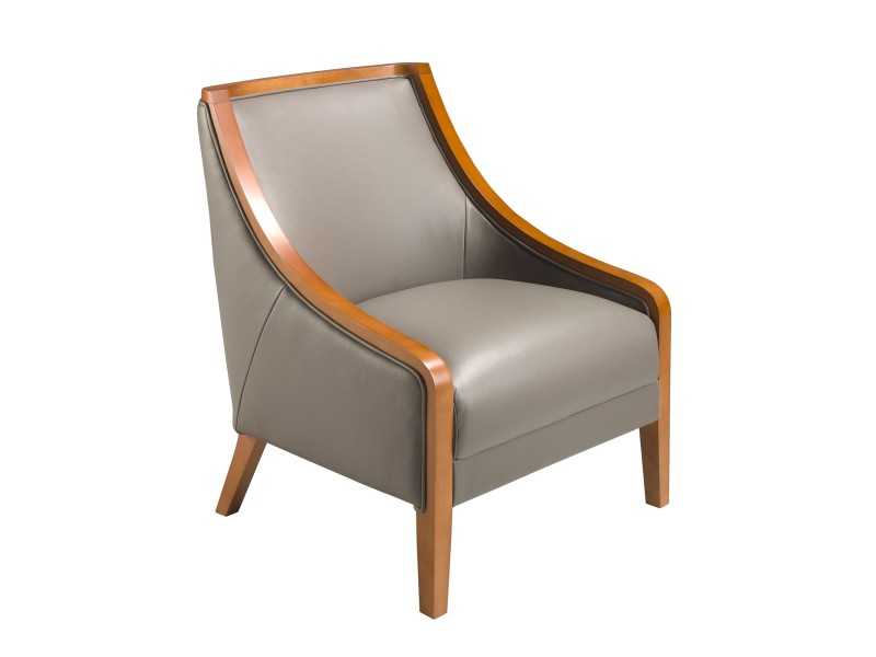 Armchair upholstered in genuine leather with wooden arm details - AGNÉS