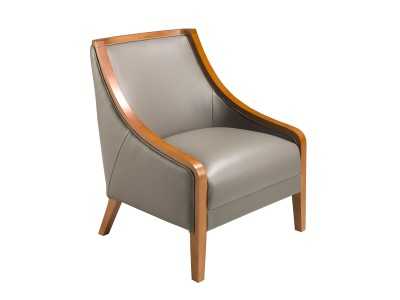 Sillón tapizado en piel genuina con madera vista - AGNÉS