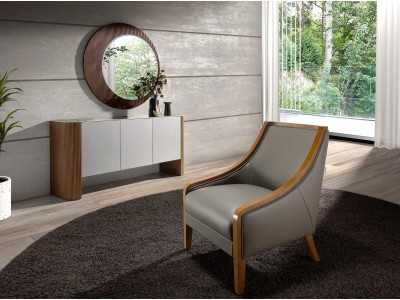 Sillón tapizado en piel genuina con madera vista - AGNÉS