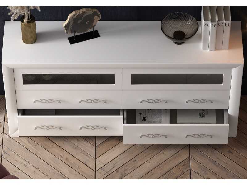 Buffet design laqué avec 2 portes pliantes et 4 tiroirs - ALIDA