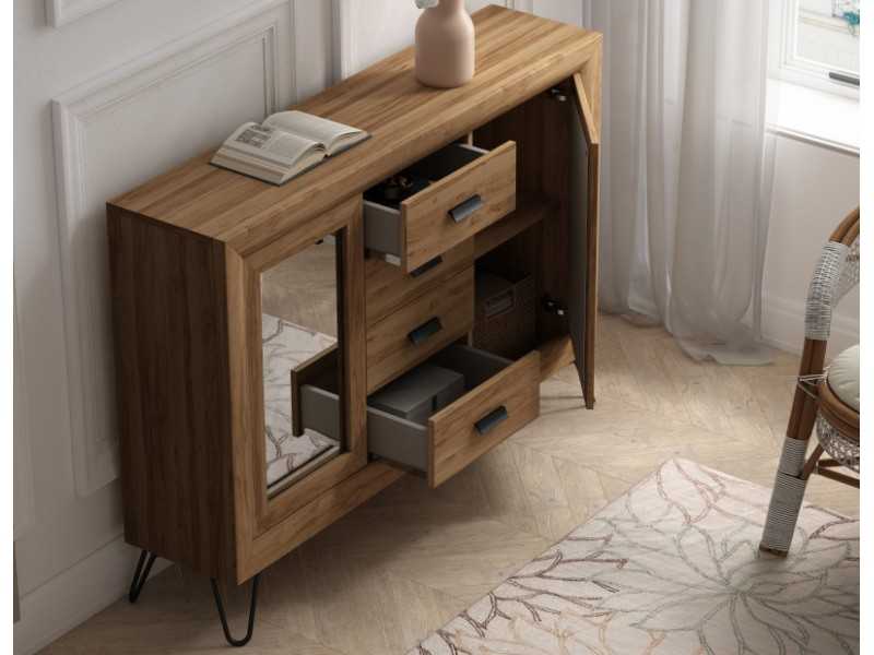 Console d'entrée avec portes et tiroirs, piètement en acier - AMANDINE