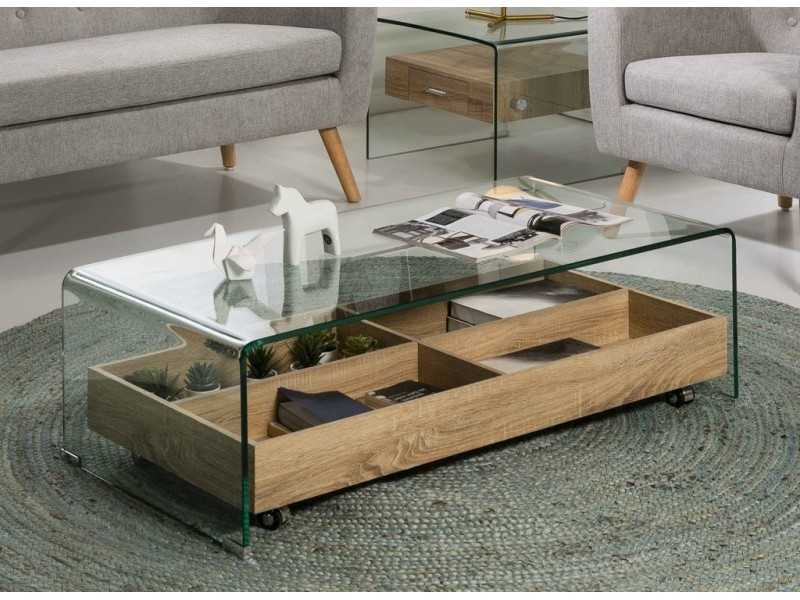 Mesa de centro en cristal templado y cajón interior con huecos y ruedas - ANNECY