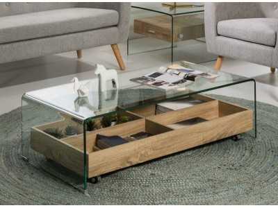 Table basse en verre trempé et tiroir intérieur à trous et roulettes - ANNECY