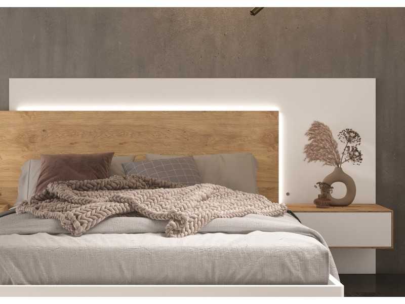 Tête de lit design avec 1 tiroir, tables d’appoint et lumière led - LEKNES