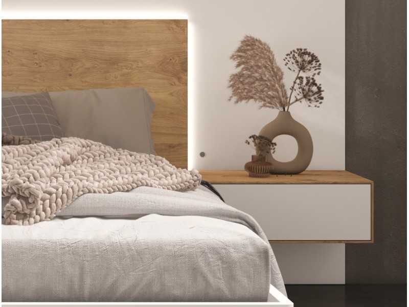 Tête de lit design avec 1 tiroir, tables d’appoint et lumière led - LEKNES
