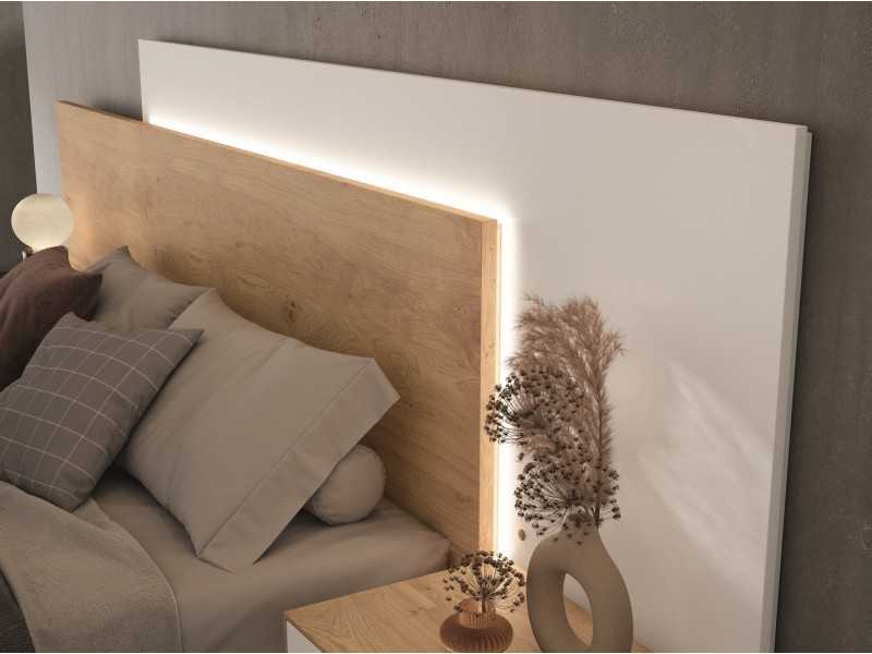 Tête de lit design avec 1 tiroir, tables d’appoint et lumière led - LEKNES