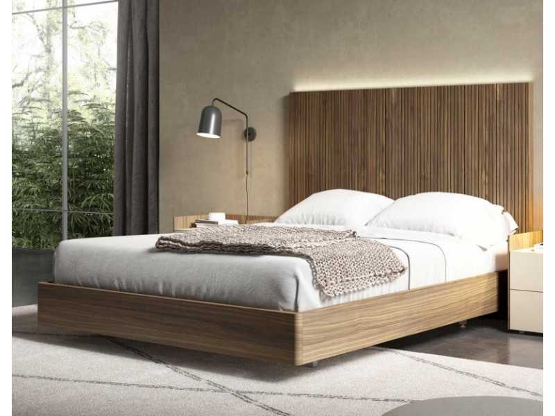 Full bed in slatted walnut with LED light and bed base - BERGEN