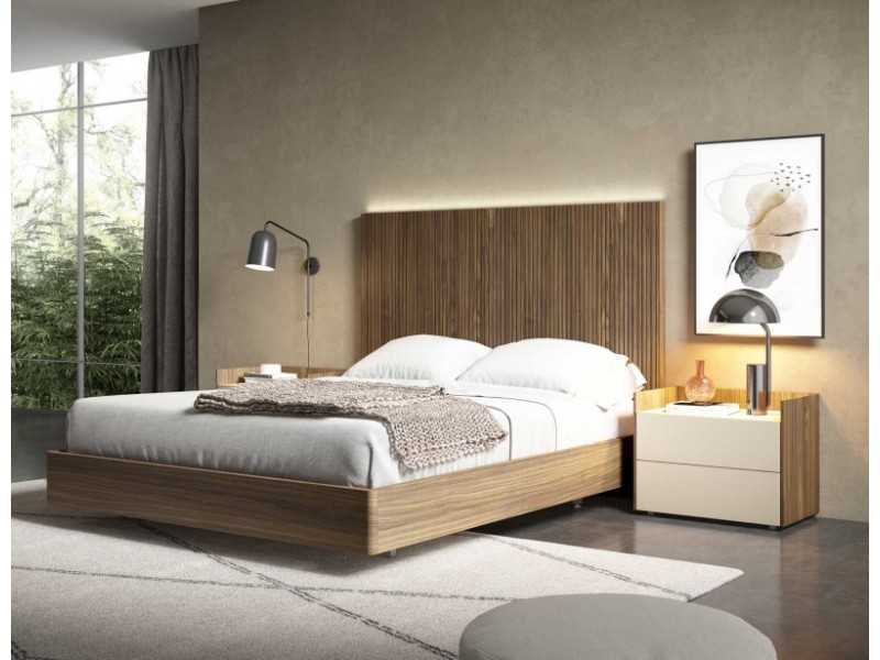 Lit complet en noyer à lattes avec éclairage LED et sommier - BERGEN