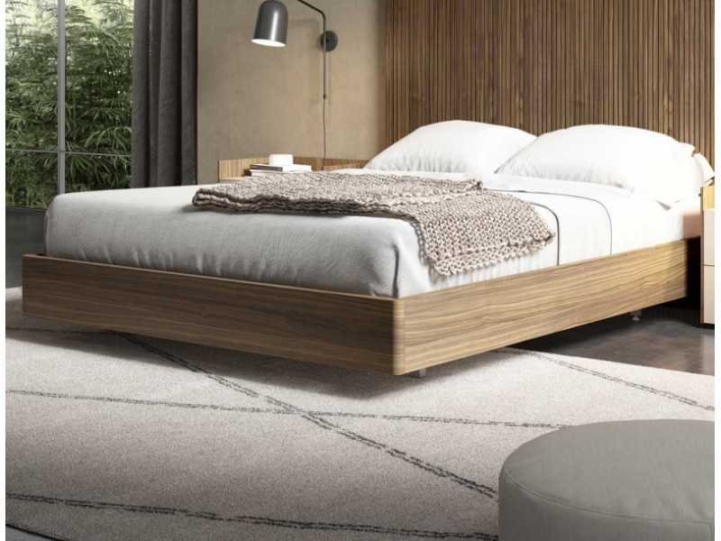 Lit complet en noyer à lattes avec éclairage LED et sommier - BERGEN