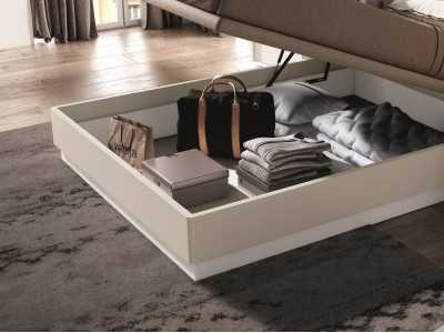 Complete bed in American walnut veneer, LED light and floating bed base - BERGEN