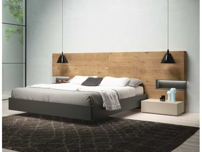 Cama con cabecero XL en roble, base lacada y luz led -ADRIANNA