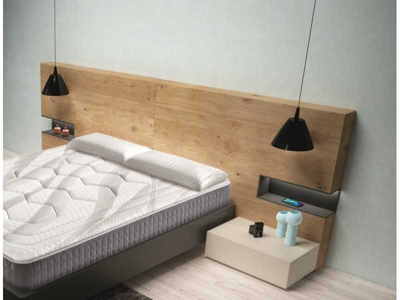 Cama con cabecero XL en roble, base lacada y luz led -ADRIANNA