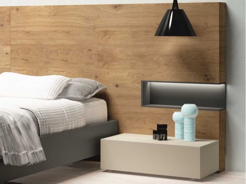 Complete bed with XL oak headboard, lacquered base and LED light -ADRIANNA