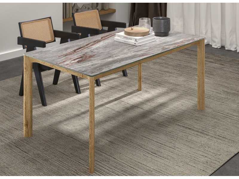 Mesa de comedor extensible en madera maciza de fresno con tapa porcelánico - FACILE