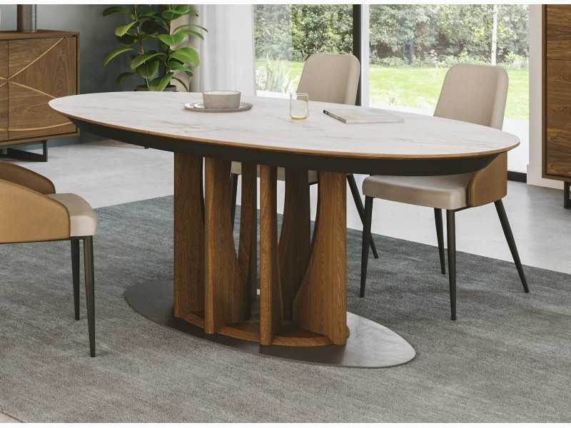 Extendable oval table with ceramic top and dark oak base - FORMENTERA