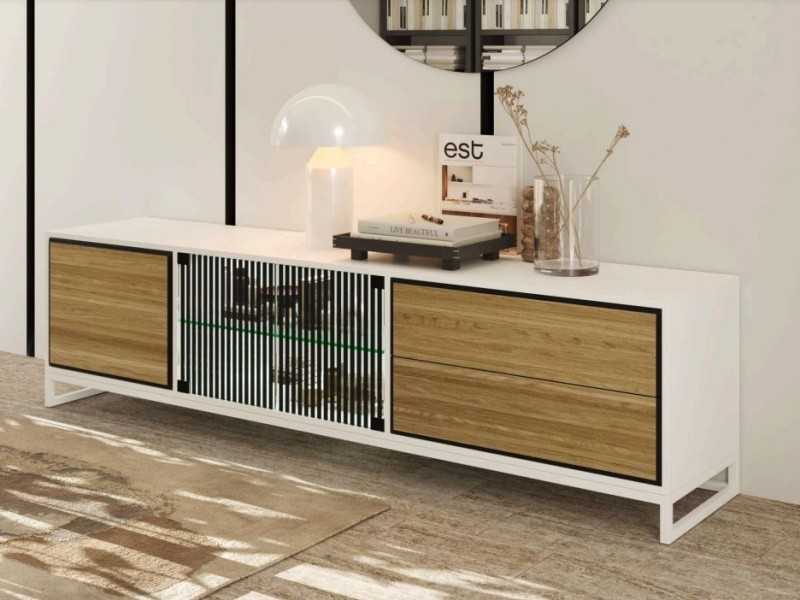 Lacquered TV table with oak fronts and steel base - TURQUIE ACIER