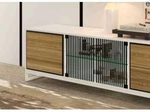 Lacquered TV table with oak fronts and steel base - TURQUIE ACIER 2