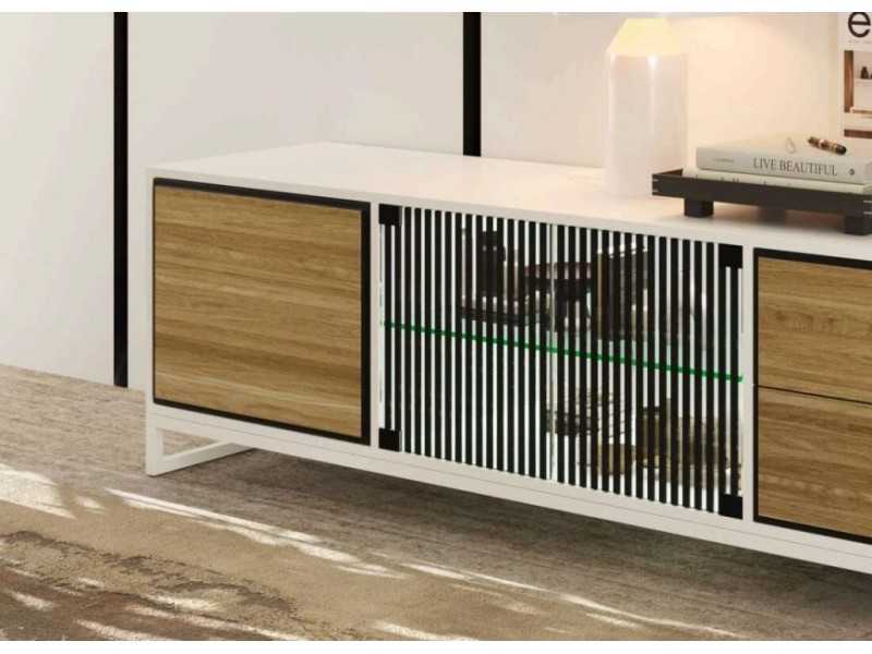 Mesa TV lacada con frentes en roble y base en acero - TURQUIE ACIER