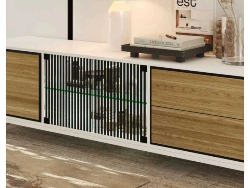 Mesa TV lacada con frentes en roble y base en acero - TURQUIE ACIER