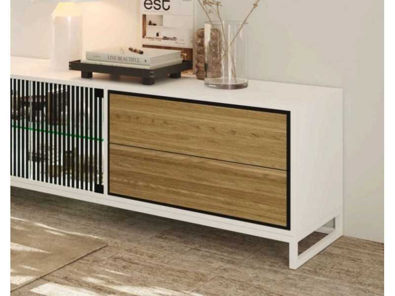 Mesa TV lacada con frentes en roble y base en acero - TURQUIE ACIER