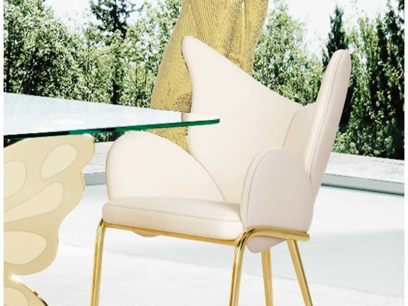 Chaise avec accoudoirs tapissé et piètement en acier inoxydable doré poli - PAPILLON