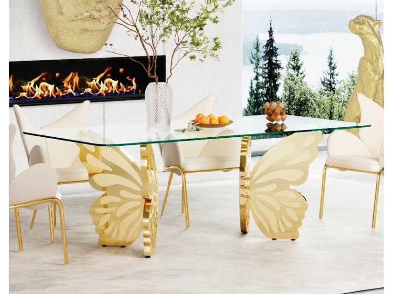 Mesa de comedor de acero inoxidable con tapa de cristal - PAPILLON