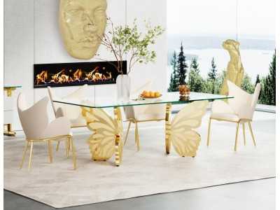 Table à manger en acier inoxydable avec plateau en verre - PAPILLON