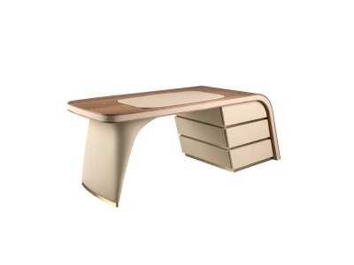 Mesa de diseño para oficina tapizada, nogal y detalles de acero inox - AINI