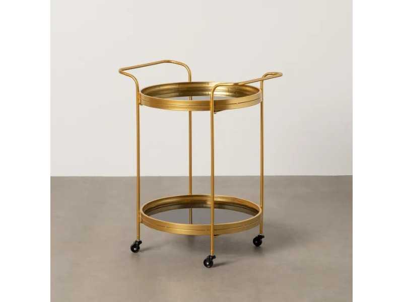 Round bar cart in gold lacquered steel and mirror glass - FLEUR