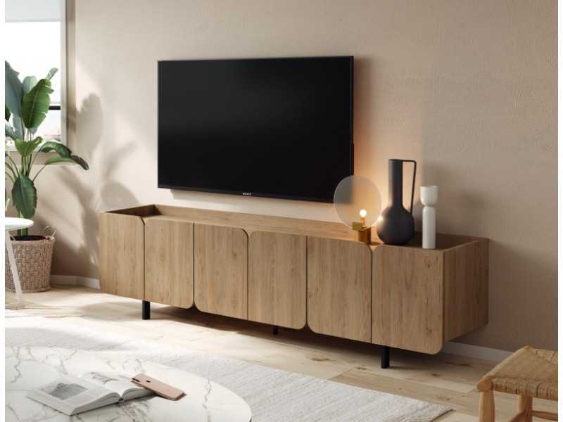 Designer TV cabinet with doors and lacquered steel base - PÉTALES