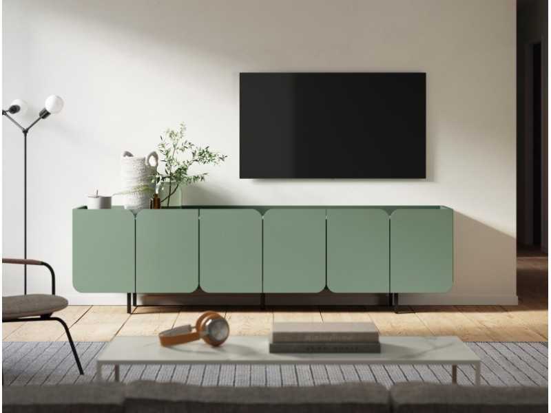 Designer TV cabinet with doors and lacquered steel base - PÉTALES