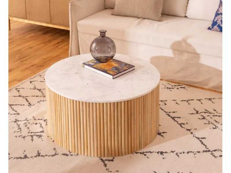 Round wooden coffee table with marble top - MARMOR