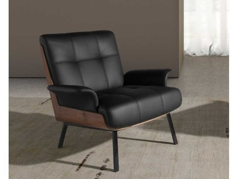 Designer armchair with walnut structure upholstered in black synthetic leather - ABAD