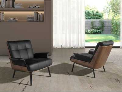 Fauteuil design avec structure en noyer tapissé de cuir synthétique noir - ABAD