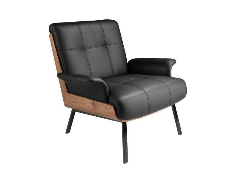 Sillón de diseño con estructura de nogal tapizado en piel sintética negra - ABAD