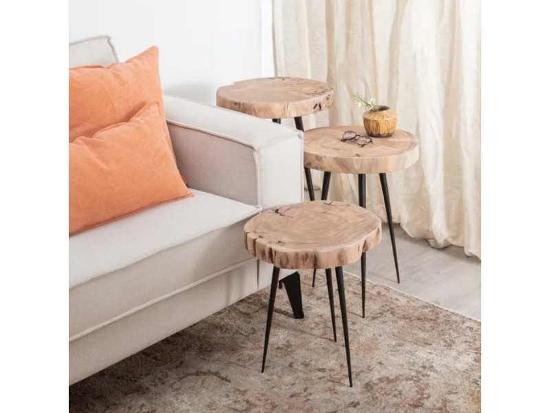 Set of side tables in solid wood and lacquered iron - WOOD