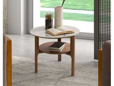 Table d'appoint ronde en chêne avec plateau en marbre porcelaine -COSETTE Table d'appoint ronde en chêne avec plateau en marbre porcelaine -COSETTE