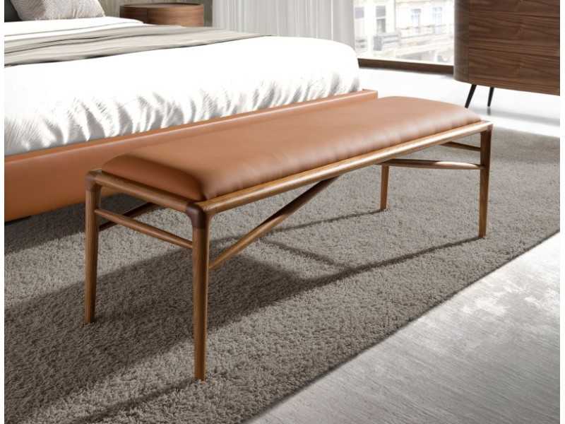 Upholstered stool in synthetic leather with walnut leg structure - ENMA