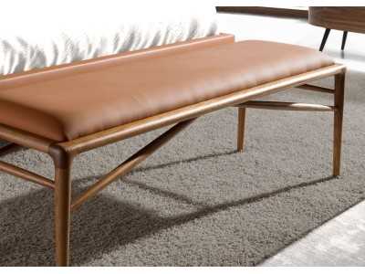 Upholstered stool in synthetic leather with walnut leg structure - ENMA