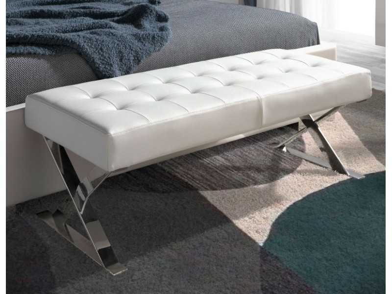 Banquette tapissé de cuir synthétique blanc avec pieds en acier inoxydable - ALBIS