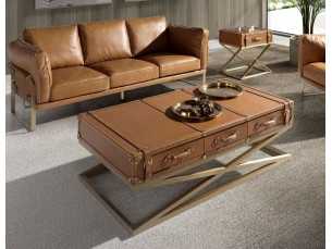 Rectangular coffee table in genuine leather and gold steel - AZZARO