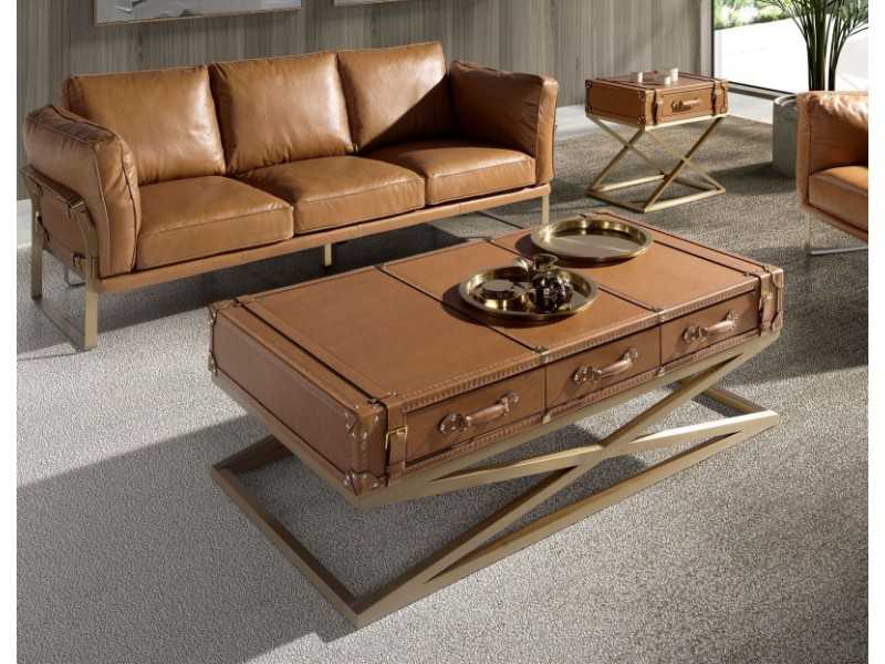 Rectangular coffee table in genuine leather and gold steel - AZZARO