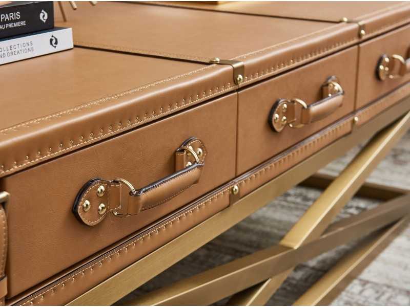 Table basse rectangulaire en cuir véritable et acier doré - AZZARO