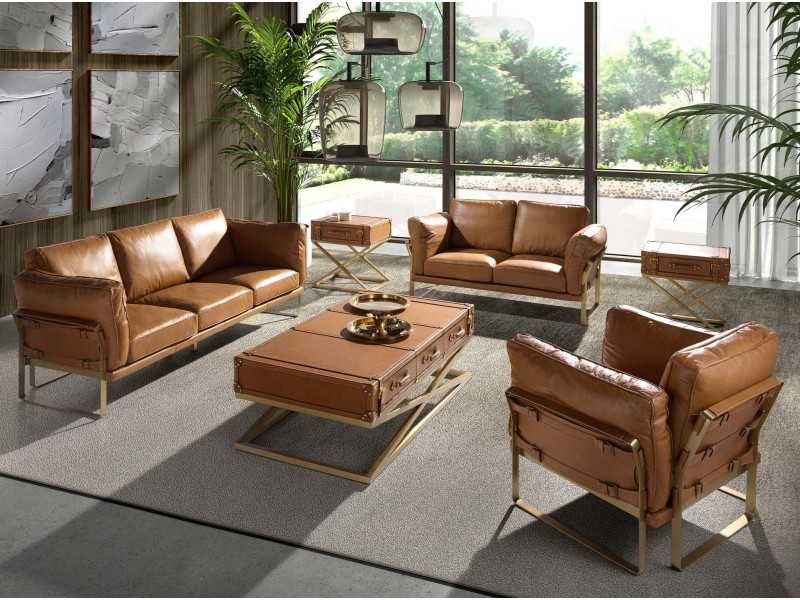 Table basse rectangulaire en cuir véritable et acier doré - AZZARO